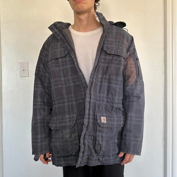Rare Vintage 00s Quilted Carhartt Plaid Tactical Pocket Winter Ski Coat Jacket - Picture 7 of 8